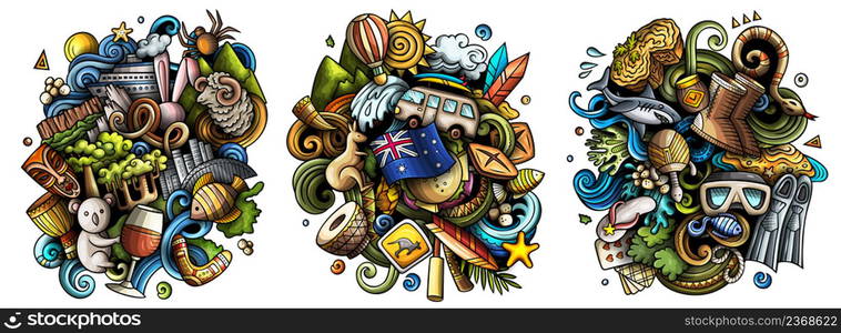 Australia cartoon vector doodle designs set. Colorful detailed compositions with lot of traditional symbols. Isolated on white illustrations. Australia cartoon vector doodle designs set.