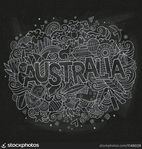 Australia country hand lettering and doodles elements and symbols background. Vector hand drawn chalk board illustration. Australia country hand lettering and doodles elements