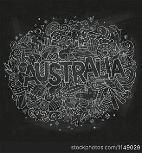 Australia country hand lettering and doodles elements and symbols background. Vector hand drawn chalk board illustration. Australia country hand lettering and doodles elements