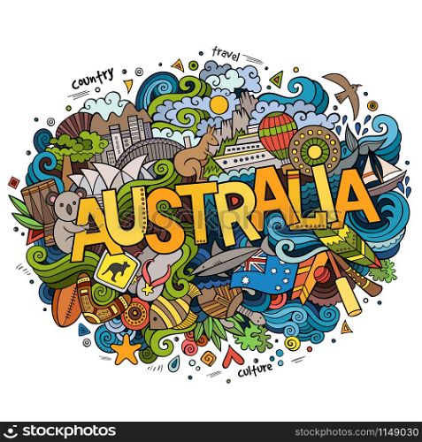 Australia country hand lettering and doodles elements and symbols background. Vector hand drawn sketchy illustration. Australia hand lettering and doodles elements