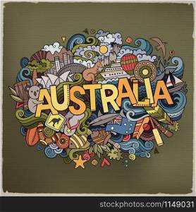 Australia country hand lettering and doodles elements and symbols background. Vector hand drawn sketchy illustration. Australia hand lettering and doodles elements