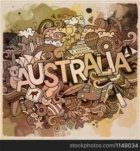 Australia country hand lettering and doodles elements and symbols background. Vector hand drawn watercolor illustration. Australia hand lettering and doodles elements