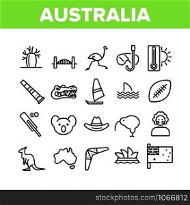 Australia Country Nation Cultural Icons Set Vector Thin Line. Crocodile And Kangaroo, Koala And Parrot, Shark Fin And Flag Of Australia Concept Linear Pictograms. Monochrome Contour Illustrations. Australia Country Nation Cultural Icons Set Vector