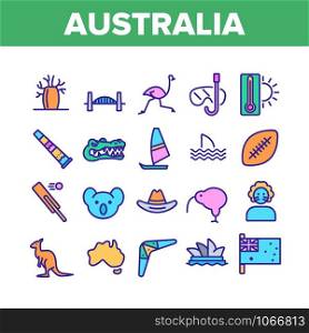 Australia Country Nation Cultural Icons Set Vector Thin Line. Crocodile And Kangaroo, Koala And Parrot, Shark Fin And Flag Of Australia Concept Linear Pictograms. Color Contour Illustrations. Australia Country Nation Cultural Icons Set Vector