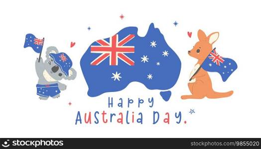 Australia Day banner, Adorable animal baby kangaroo and koala cartoon animal with map and flag