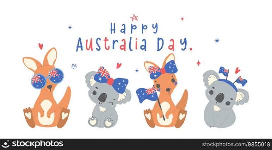 Australia Day banner, Group of animal baby kangaroos and koalas cartoon animal with balloons and flag