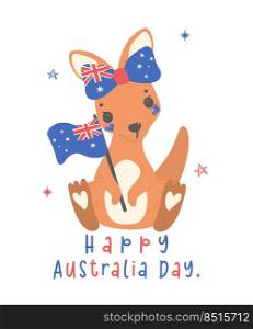 Australia day with adorable baby kangaroo cartoon animal waving nation flag.
