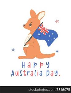 Australia day with adorable baby kangaroo cartoon waving a flag.