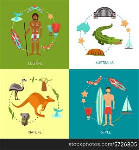 Australia design concept set with culture nature style flat icons set isolated vector illustration