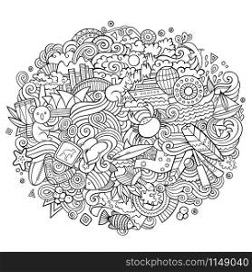 Australia doodles elements and symbols background. Vector contour hand drawn illustration. Australian doodles elements and symbols illustration