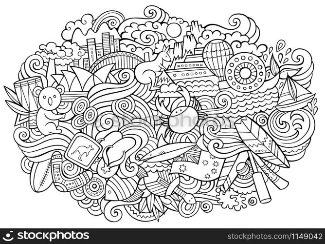 Australia doodles elements and symbols background. Vector contour hand drawn illustration. Australian doodles elements and symbols illustration