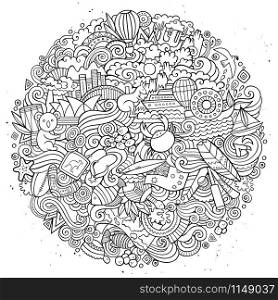 Australia doodles elements and symbols background. Vector hand drawn round illustration. Australian doodles elements and symbols round illustration