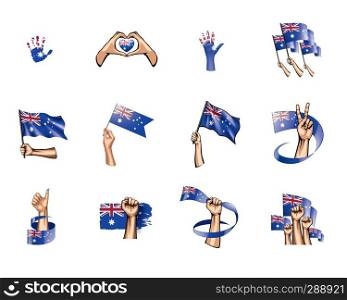 Australia flag and hand on white background. Vector illustration.. Australia flag and hand on white background. Vector illustration