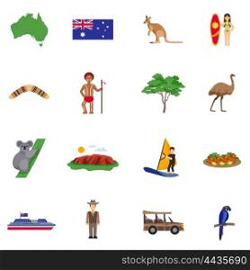 Australia Flat Icons Set. Australia flat icons set with aborigine surfing seafood animals and birds isolated vector illustration