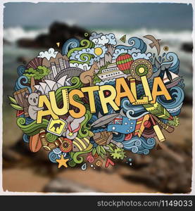 Australia hand lettering and doodles elements and symbols emblem. Vector blurred background. Australia hand lettering and doodles elements and symbols emblem
