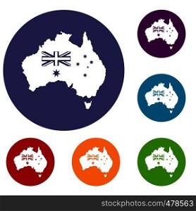 Australia icons set in flat circle red, blue and green color for web. Australia icons set