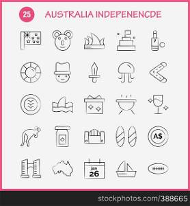 Australia Independence Hand Drawn Icon Pack For Designers And Developers. Icons Of Animal, Jellyfish, Sea, Seafood, Head Safety, Insurance, Protection, Vector