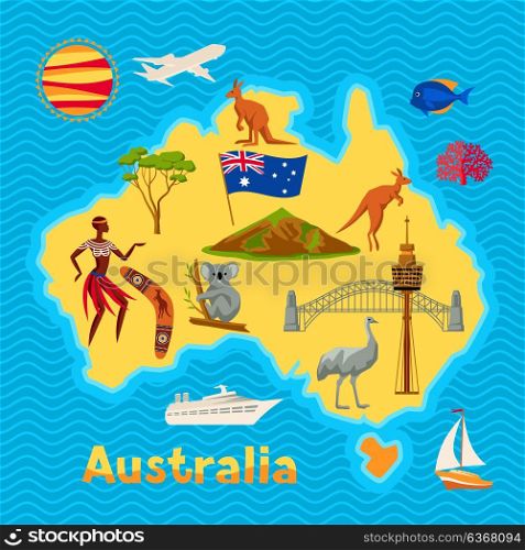 Australia map design. Australian traditional symbols and objects. Australia map design. Australian traditional symbols and objects.