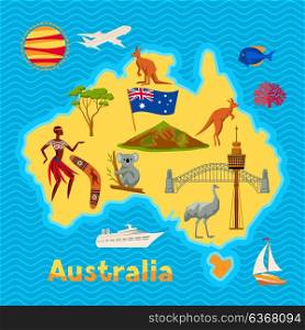 Australia map design. Australian traditional symbols and objects. Australia map design. Australian traditional symbols and objects.