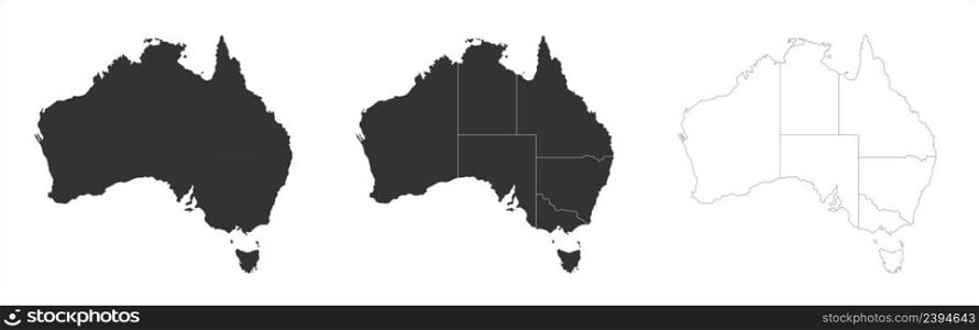 Australia maps set with states borders isolated on white. Grey coloured map set. Vector illustration . Australia maps set with states borders isolated on white. Grey coloured map set. Vector