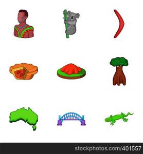 Australia tourism icons set. Cartoon illustration of 9 Australia tourism vector icons for web. Australia tourism icons set, cartoon style