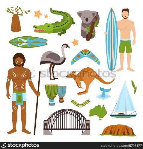 Australia tourism nature and culture icons set with crocodile yacht kangaroo isolated vector illustration