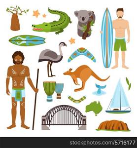 Australia tourism nature and culture icons set with crocodile yacht kangaroo isolated vector illustration