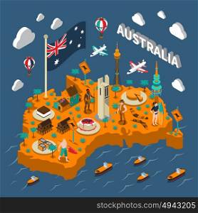 Australia Touristic Attractions Isometric Map Poster. Australian touristic isometric map with national cuisine landmarks wildlife popular sport and surfers symbols poster vector illustration