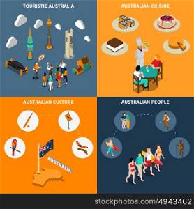 Australia Travel 4 Isometric Icons Square . Australian culture for travelers 4 isometric icons square poster with guided city tours and cuisine isolated vector illustration