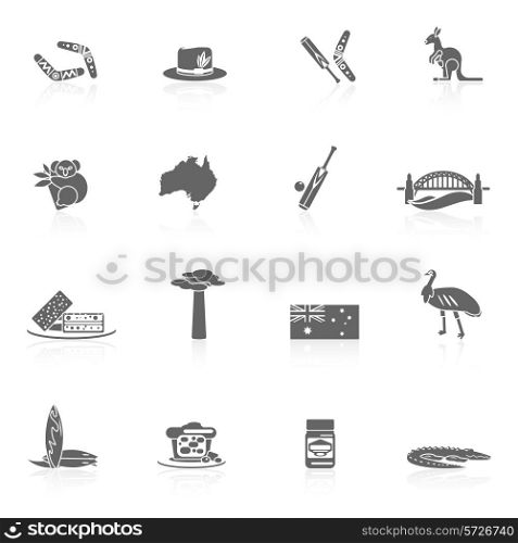 Australia travel icons black set with sydney opera house boomerang kangaroo isolated vector illustration