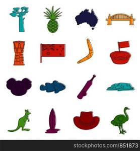 Australia travel icons set. Doodle illustration of vector icons isolated on white background for any web design. Australia travel icons doodle set