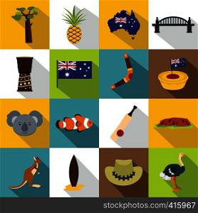 Australia travel icons set. Flat illustration of 16 Australia travel vector icons for web. Australia travel icons set, flat style