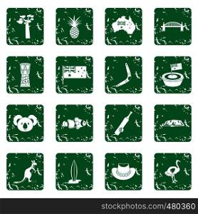 Australia travel icons set in grunge style green isolated vector illustration. Australia travel icons set grunge