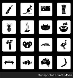 Australia travel icons set in white squares on black background simple style vector illustration. Australia travel icons set squares vector