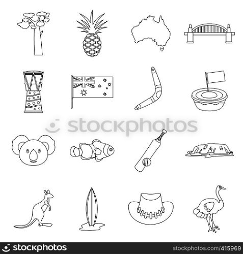 Australia travel icons set. Outline illustration of 16 Australia travel vector icons for web. Australia travel icons set, outline style