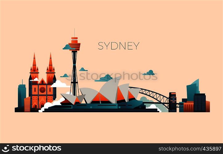 Australia travel landmark vector landscape with Sydney opera and famous buildings. Sydney city architecture, landmark and panorama building illustration. Australia travel landmark vector landscape with Sydney opera and famous buildings