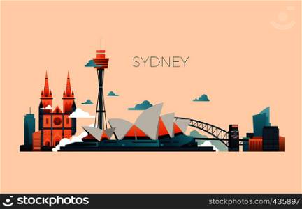 Australia travel landmark vector landscape with Sydney opera and famous buildings. Sydney city architecture, landmark and panorama building illustration. Australia travel landmark vector landscape with Sydney opera and famous buildings