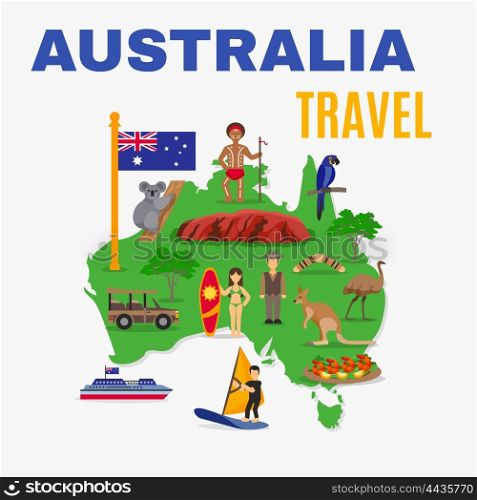 Australia Travel Map Poster . Australia travel map poster with animals food people transport at green continent on white background vector illustration