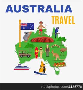 Australia Travel Map Poster . Australia travel map poster with animals food people transport at green continent on white background vector illustration