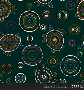 Australian Aboriginal Art. Point drawing. Sea turtles. Seamless pattern. Background green blue blur. Australian Aboriginal Art. Sea turtles. Seamless pattern. Background green