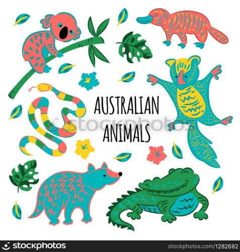 AUSTRALIAN ANIMALS Cartoon Forest Vector Illustration Set