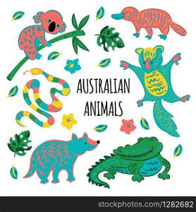AUSTRALIAN ANIMALS Cartoon Forest Vector Illustration Set