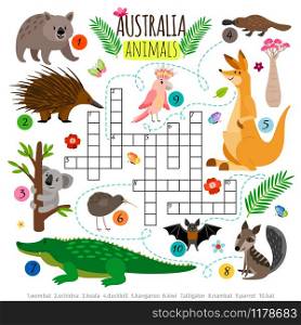 Australian animals crossword. Kids words brainteaser, word search puzzle game vector illustration. Australian animals crossword. Kids words brainteaser, word search puzzle vector game