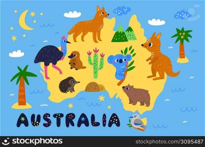 Australian animals map. Exotic cute fauna. Funny platypus and koala. Kids cartoon mammal characters. Kangaroo or echidna. Tasmanian devil. Habitat of kookaburra bird, ostrich and dingo. Vector concept. Australian animals map. Exotic cute fauna. Funny platypus and koala. Kids mammal characters. Kangaroo or echidna. Tasmanian devil. Habitat of kookaburra, ostrich and dingo. Vector concept