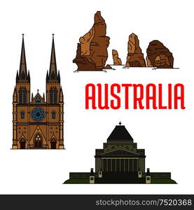 Australian buildings and landmarks icons. Vector St Mary Cathedral, Twelve Apostles rocks, Shrine of Remembrance. Detailed icons of sightseeings of Australia for souvenirs, travel guide design elements. Australian buildings and landmarks icons