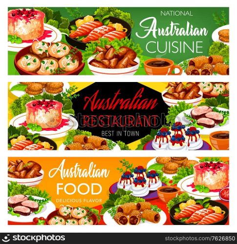 Australian cuisine food dishes and meals menu, vector Australia traditional restaurant. Australian chicken and fish food, veal meat and lamb in puff pastry, crumpled rosemary potatoes and rice pudding. Australian cuisine food dishes, meals menu