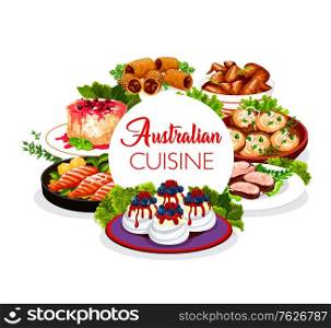 Australian cuisine food dishes menu, Australia traditional meals and pastry. Australian veal meat, lamb in puff pastry, crumpled rosemary potatoes, chicken wings barbecue and Anzac cookies. Australian cuisine food dishes, traditional meals