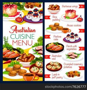 Australian cuisine food dishes menu, chicken, fish and pastry traditional meals, vector. Australia authentic food chicken wings barbecue, Anzac cookies and Pavlova cake, perch with vegetables and veal. Australian cuisine food dishes menu chicken, fish