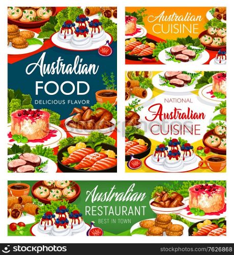 Australian cuisine food dishes, menu meals, Australia chicken and fish food, drinks, vector. Australian traditional Pavlova cake and Anzac cookies, veal meat, lamb in puff pastry and rice pudding. Australian cuisine food dishes, menu meals