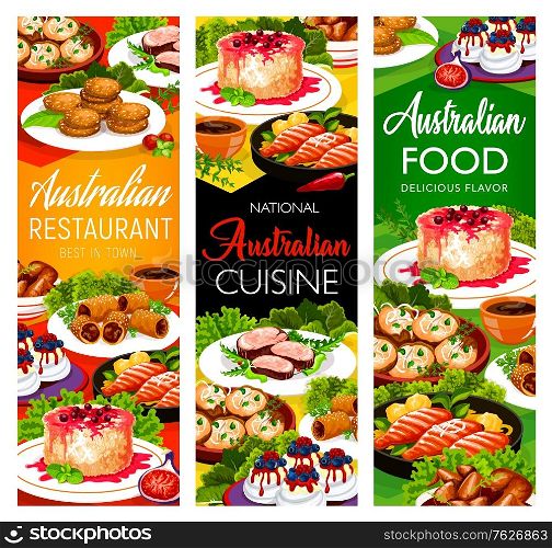 Australian cuisine food dishes, restaurant menu, Australia traditional meals, vector. Australian buffet veal meat, lamb in puff pastry, crumpled rosemary potatoes, rice pudding dessert and sandwiches. Australian cuisine food dishes, restaurant menu